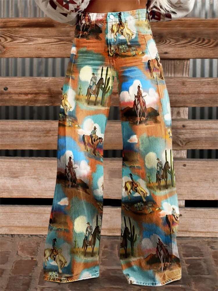 2025 new women's long length designer fashionable digital printed imitation denim thin fabric color blocked wide leg pants4