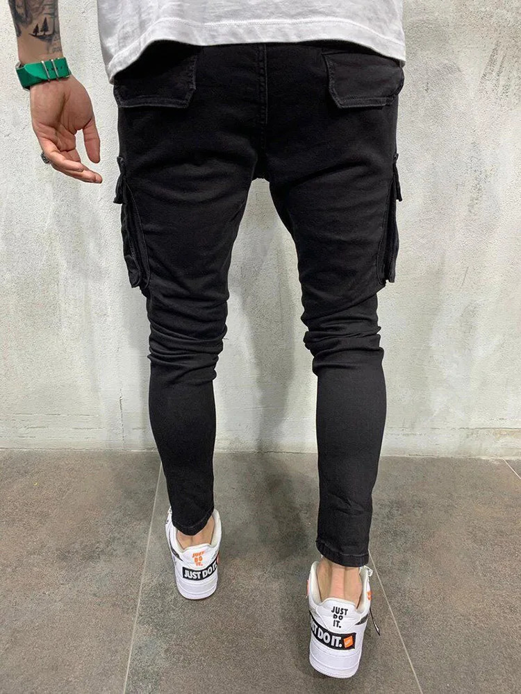 Mens washing solid color multi pocket hole mid waist cargo pants are ultrathin and suitable for daily wear Jogger street elastic jeans 250312