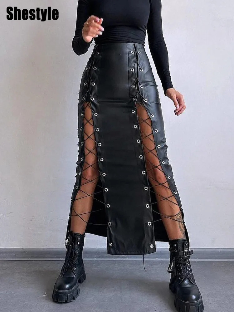 Shestyle Lace Up Bandage Hollow Out Long Skirt Women Slit PU Leather Sexy Pencil High Waist 2025 Spring Fashion Black Bottom 250312