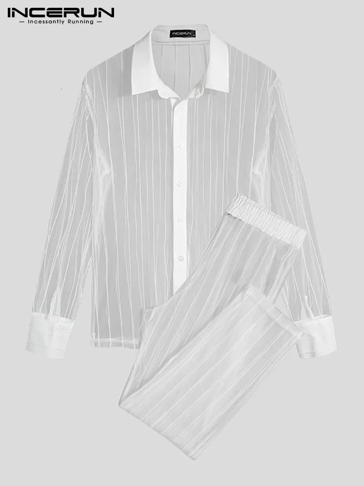 Fashion mens mesh patch work transparent sexy lapel long sleeved shirt and pants streetwear mens two-piece set INCERUN 250314