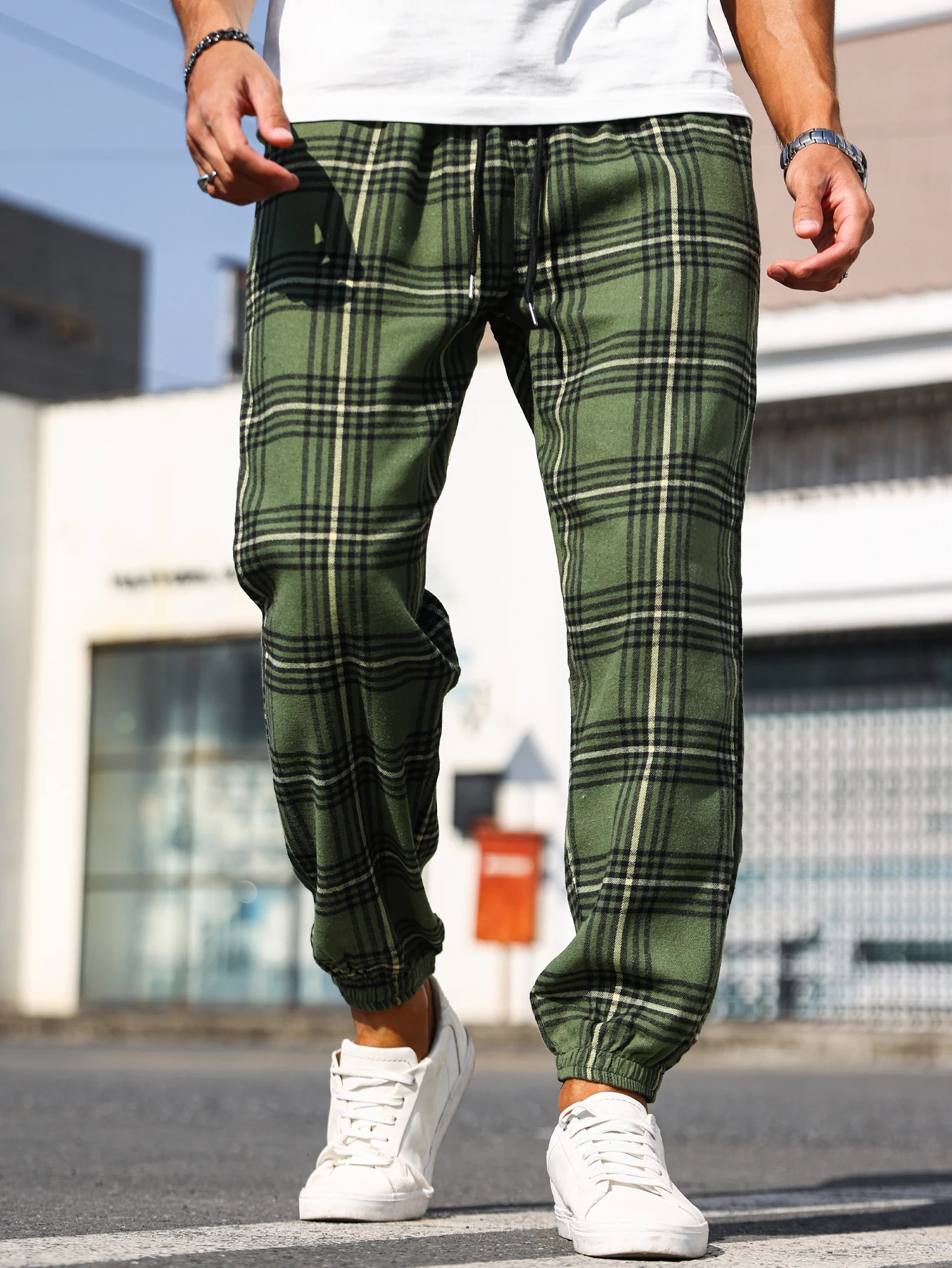 Mens Retro Casual Pants Plaid Pattern Jogging with Drawstring Street Outdoor Sports for Men Breathable SkinFriendly 250311