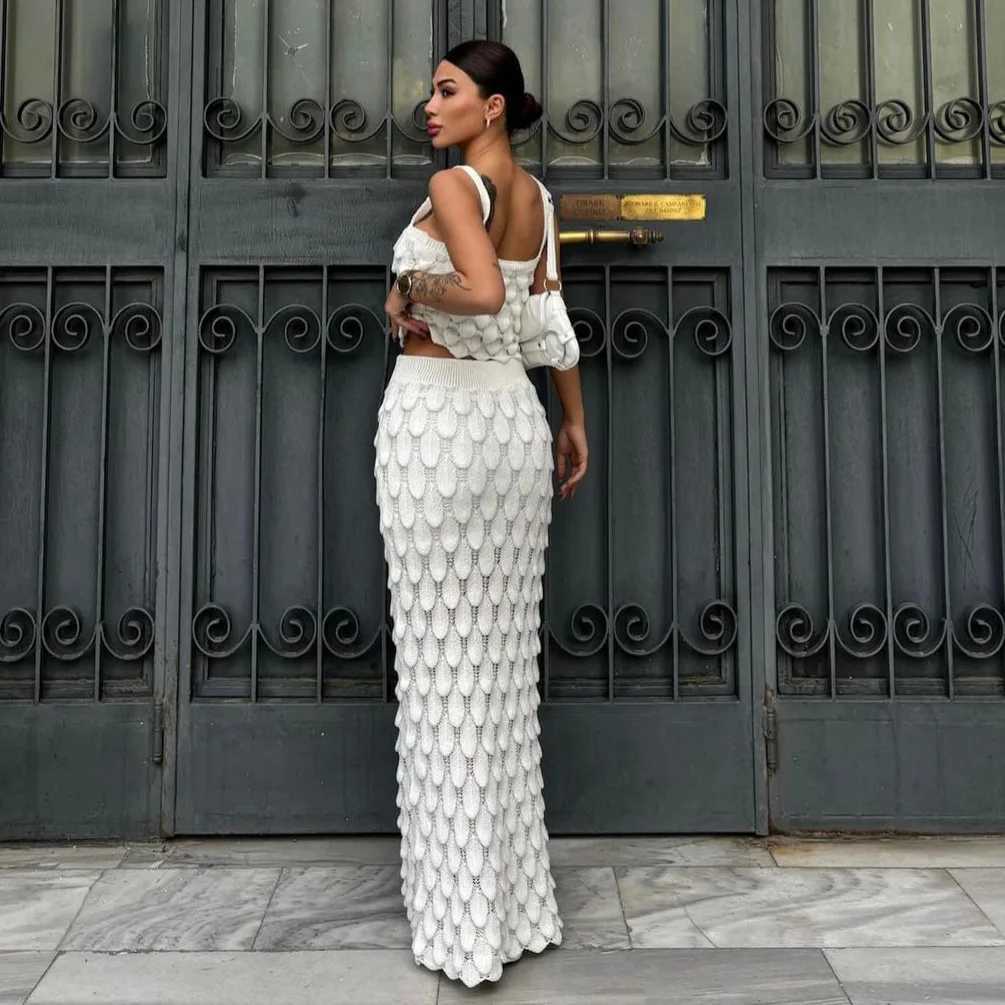 Two Piece Dress DRC Female Attractive Suits Solid Ruched Crop Camisoles+Matching Long Skirts Knit 2 Piece Set Woman Casual High Strt Outfit Y250315BHL