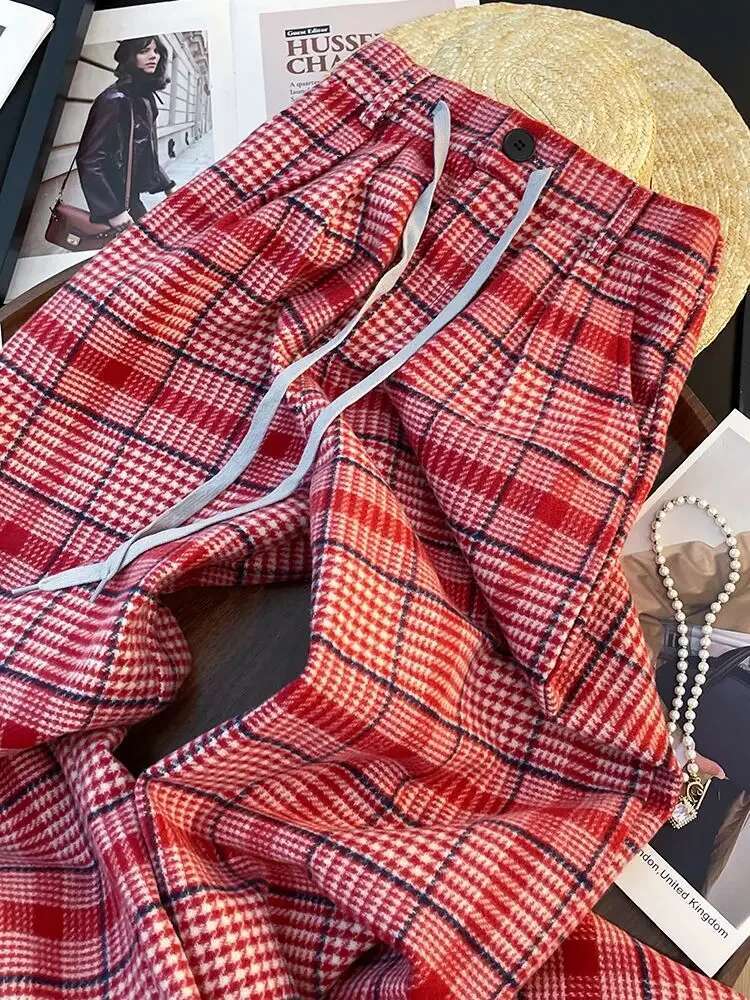 2025 New Checkered High Waist Women's Pants Designer Fashion Drawstring Wide Leg Pants Loose Retro Pants5