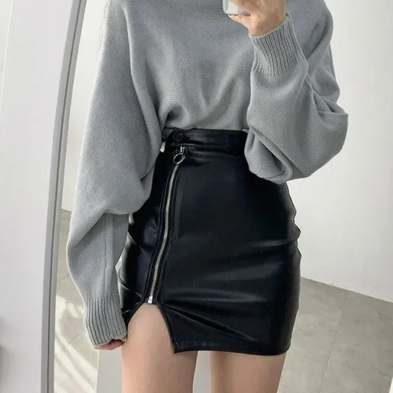 Leather womens Korean fashion high waisted Aline ultrathin split zipper retro sexy mini leather autumn streetwear 250312