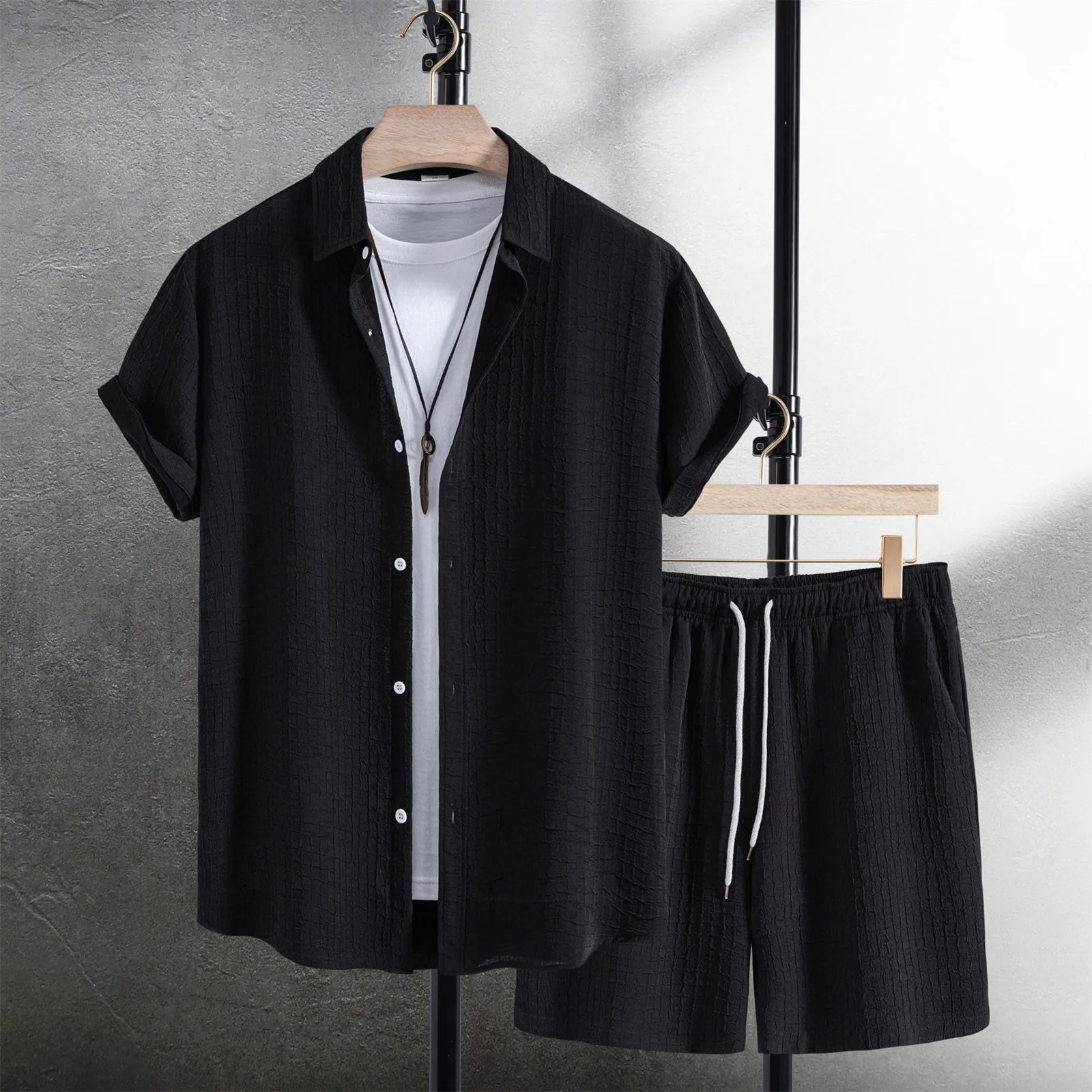 Mens Casual Waffle Shirt Suit Two Piece Solid Short Sleeved Shirt And Shorts Suit Harajuku Casual T-Shirt And Shorts Set 250314