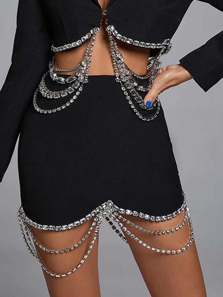 Two Piece Dress TWOTWINSTYLE Spliced Diamonds Two Piece Sets For Women Lapel Long Slve Tops High Waist Skirt Sexy Set Female Fashion Clothing Y250315D