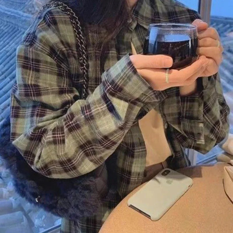 Xpqbb Pink Plaid Blouses for Women Korean Fashion Long Sleeve Check Shirt Ladies Autumn Casual Loose Single-breasted Shirts 250314