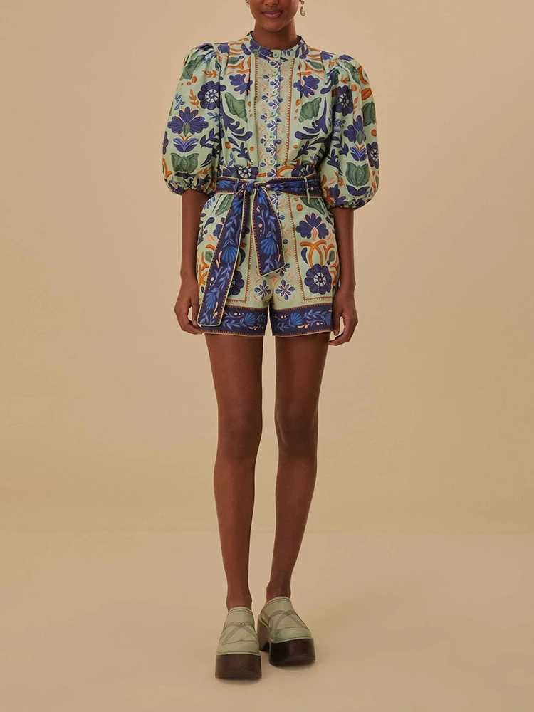 Women's Two Piece Pants TWOTWINSTYLE Printing Two Piece Set For Women Stand Collar Half Slve Shirt High Waist Loose Shorts Casual Sets Female Clo