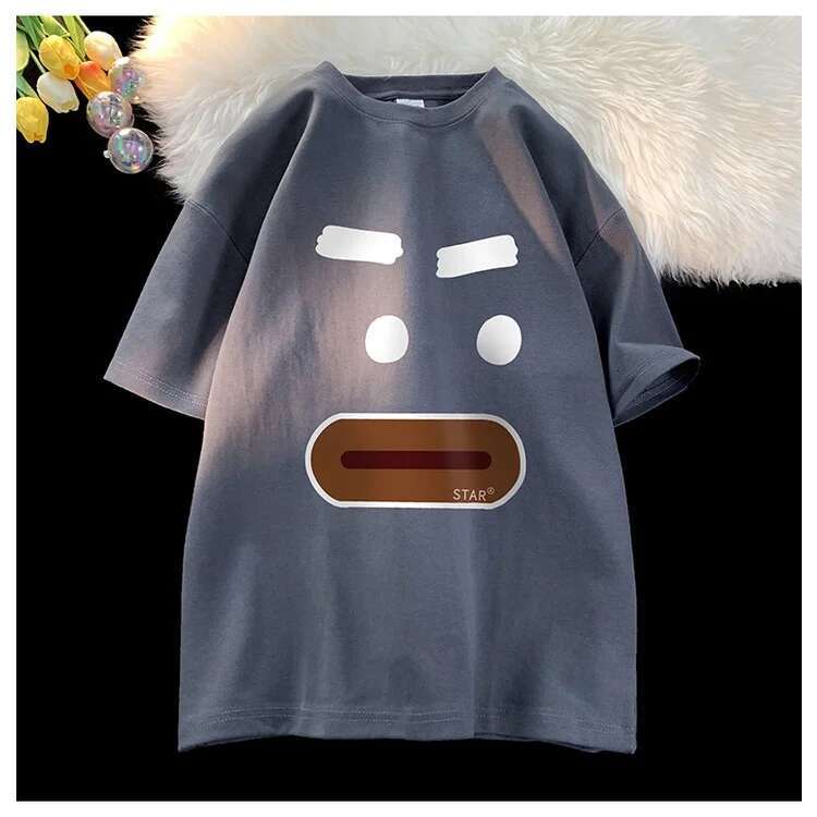 2025 new retro fun micro expression printed designer fashionable oversized T-shirt men's high street cartoon couple short sleeved round neck top5
