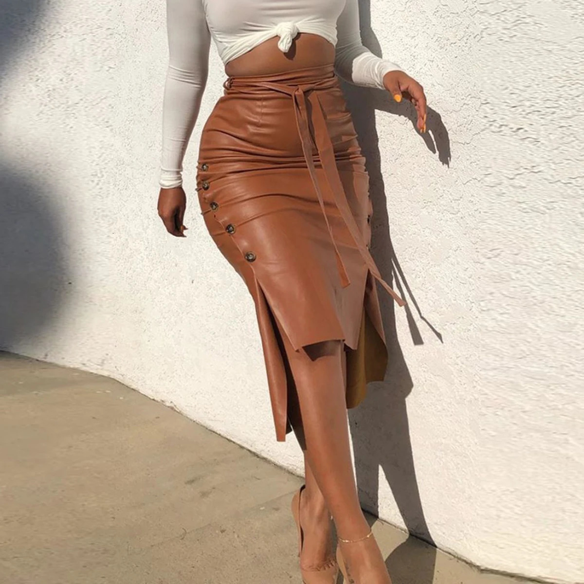 Mode Nieuwe Vrouwen synthetic leather Midi Rok Hoge tail buckle decoration ultrathin Effen Kleur Spleet Bodycon Potloose Met Riem 250312