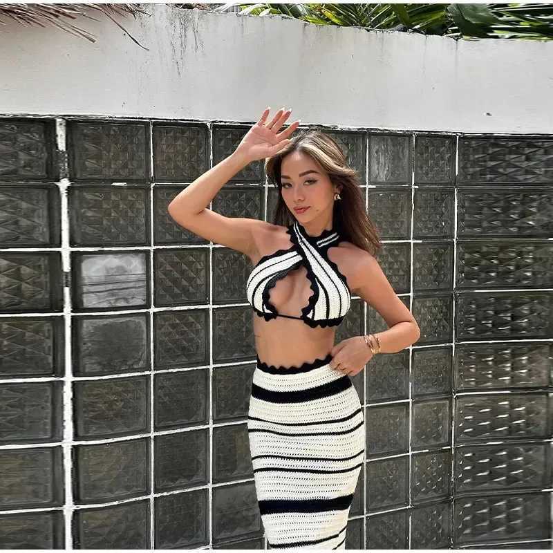 Two Piece Dress Womens Summer Knitted Beach Skiing Set Womens Sexy Back Slimming Bohemian Dress Striped Holiday Two Piece Beach Dress Womens Y2503151Y