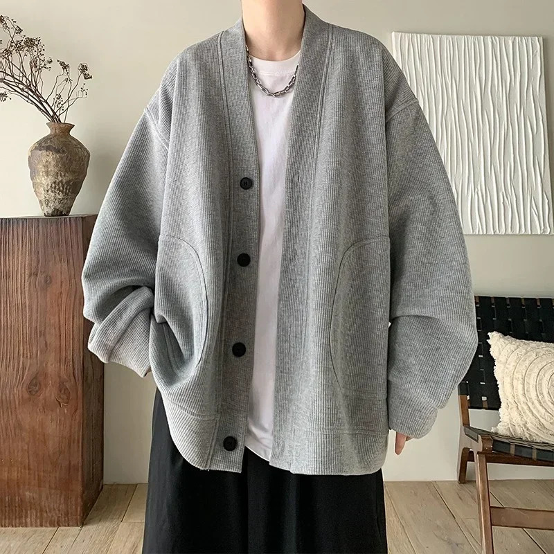 2024 Korean Fashion Cardigan For Men Autumn Solid Color Y2K Streetwear Sweatshirts Casual Vintage Loose Jackets Sweaters 250311