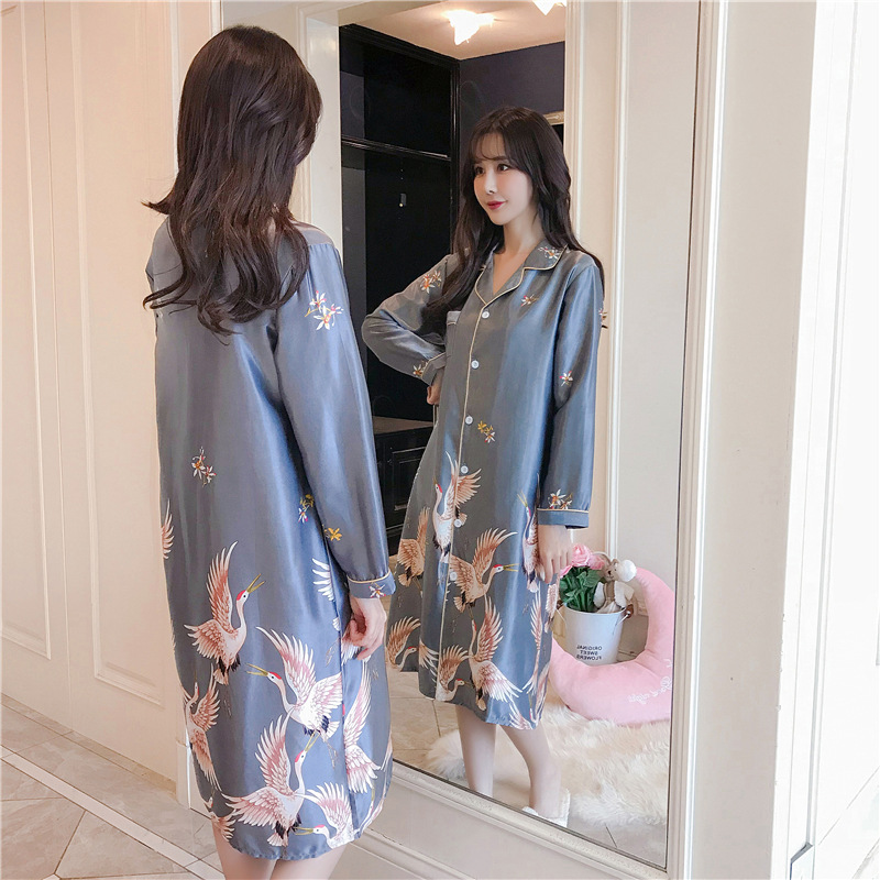 B354-Sexy pajamas for women in summer with a collar and ice silk suspenders, mid-length, spring and autumn, small chest, thin style
