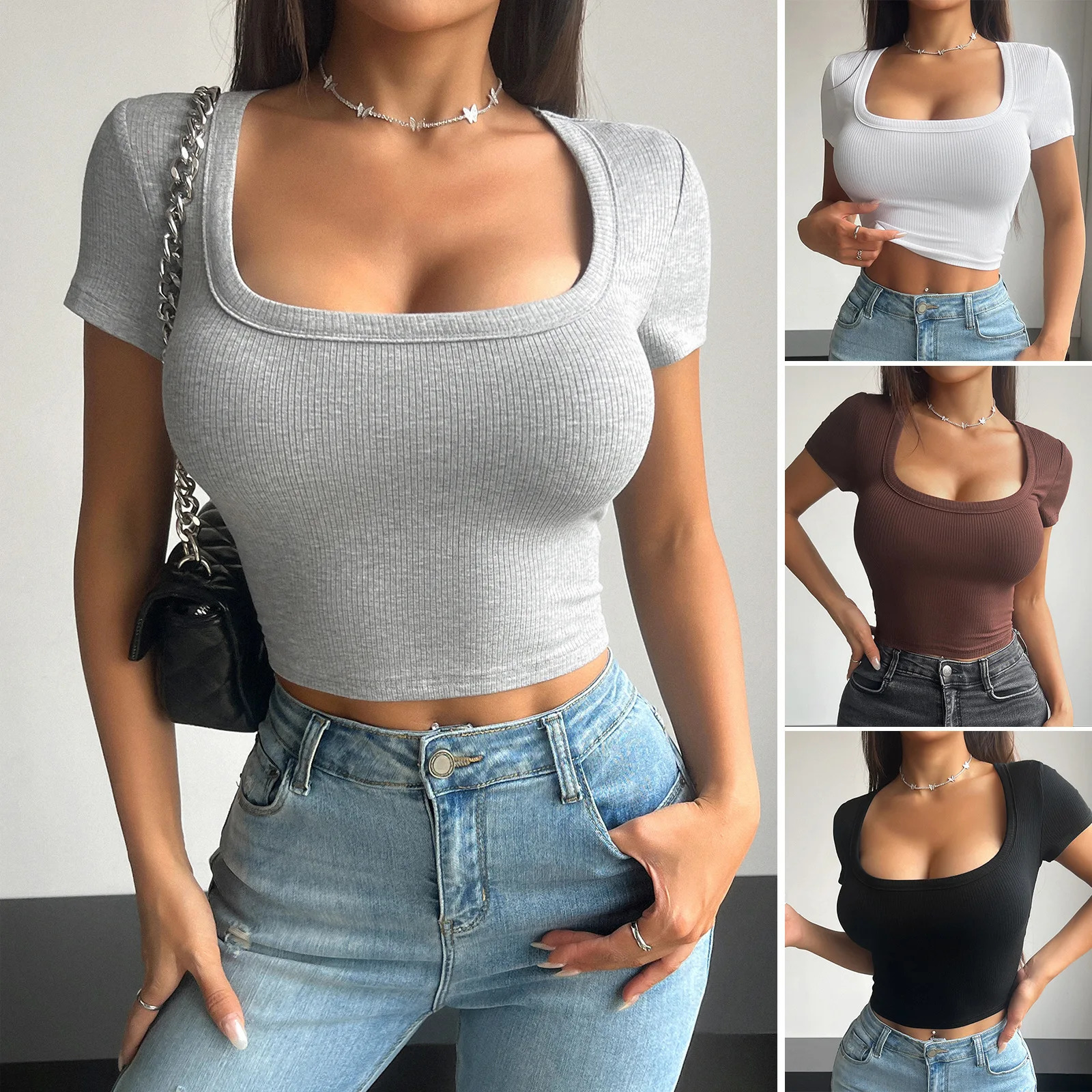 YJKDYK 2025 Summer Womens Short Sleeve Tops Ribbed Square Neck Ladys T-shirt Slim Fit Solid Color Female Tees Womens Top 250314