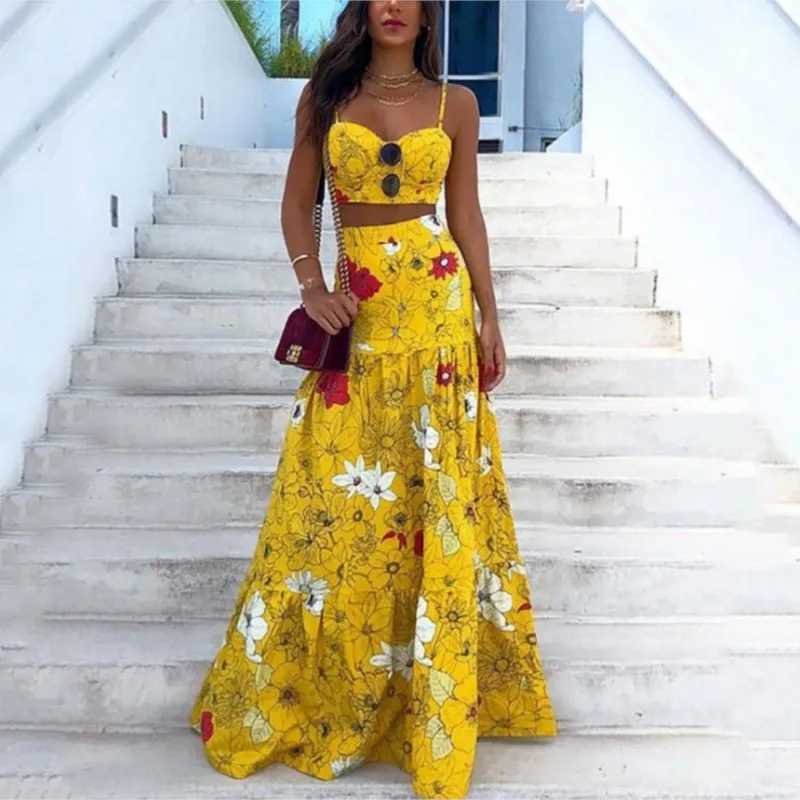 Two Piece Dress 2-piece/set beach crop top Skirt set with colorful printed spaghetti shoulder straps and floor length Slvel womens tank top Skirt set 