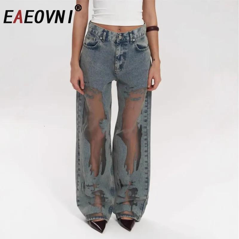 EAEOVNI Fashion Y2K Women Jeans Hollow Out Spliced Loose Denim Wide Leg Trousers Streetwear Clothing 1A726 250314
