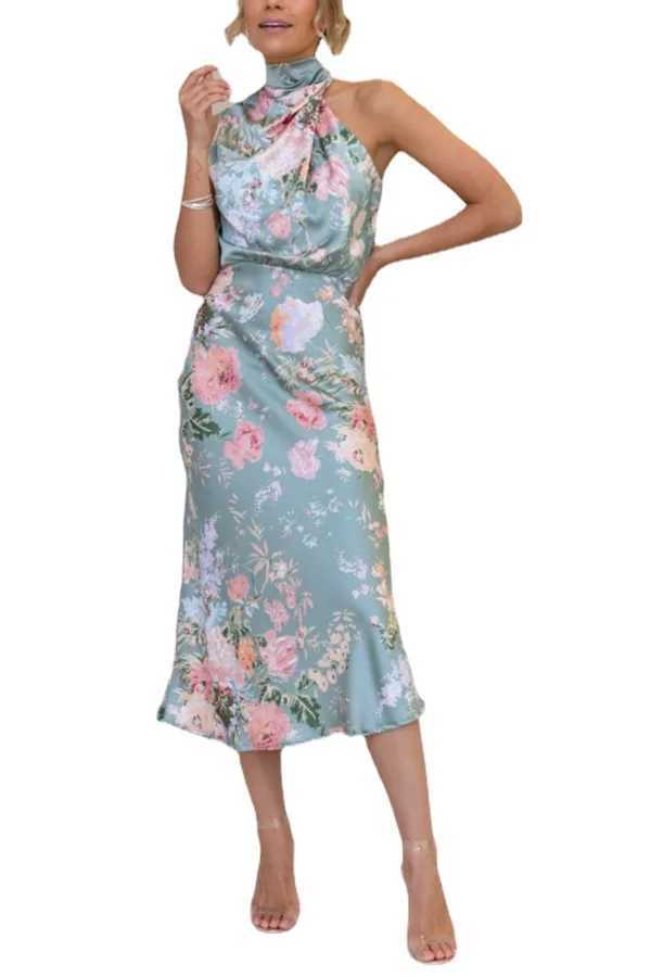 Two Piece Dress Satin print womens long dress Slvel Halter collar A-line party Dr fashion elegant night party club Vestidos Y250315CYML