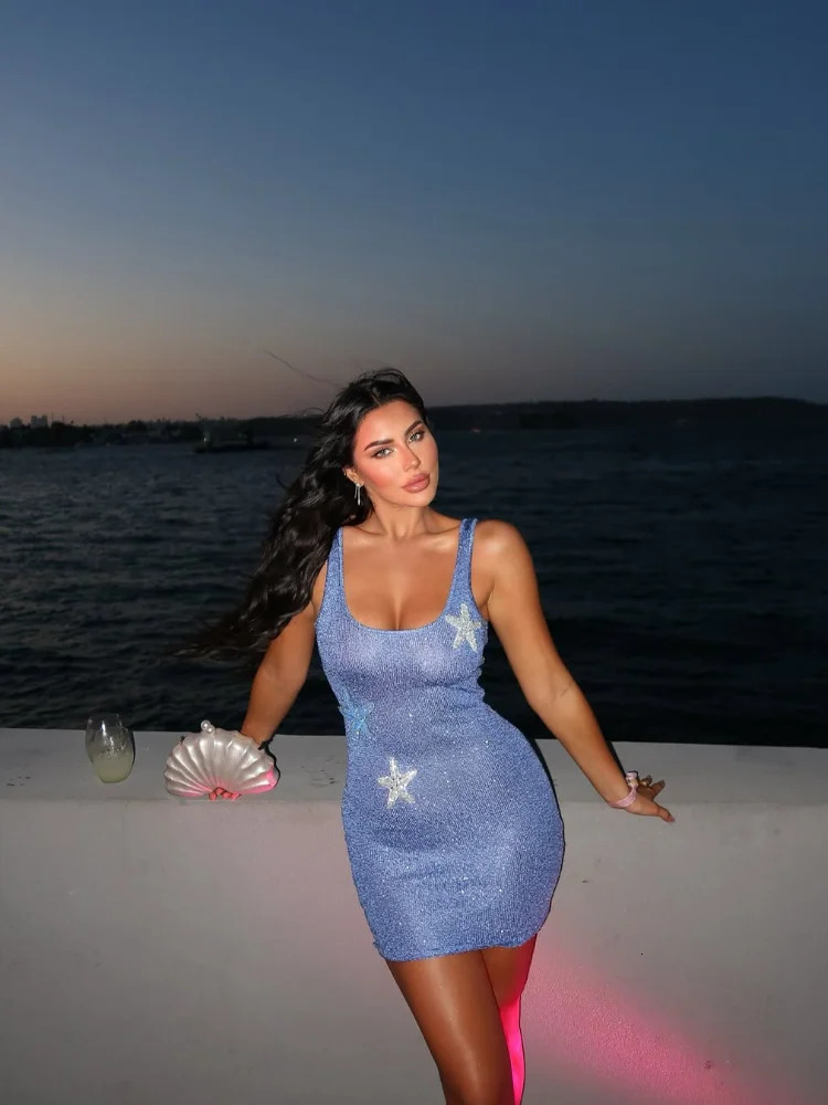Shiny Sequins Stars Knitted Mini Dress Womens Elegant U-neck Backless Sleeveless Vestidos 2025 Lady Beach Party Gowns 250314