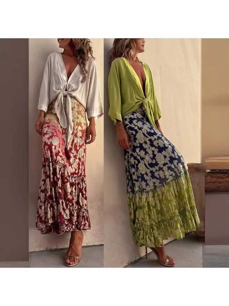Two Piece Dress Womens Gradient Fashion Half Length Dr INS Casual Loose Vacation Half Length Dr Womens Spliced Bohemian Super Long Skirt Y25031505EK