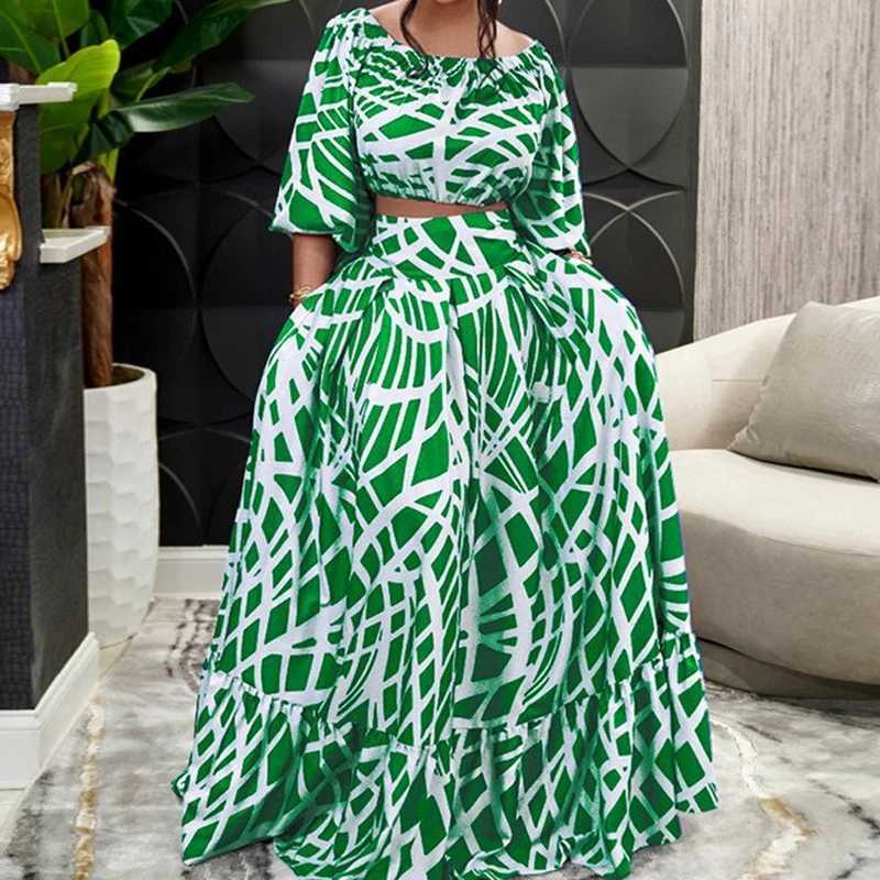 Two Piece Dress Summer 2 Piece Set Elegant Suit Women Clothing Fashion Print Skirt Sets Sexy V-neck Crop Top+High Waist Long Skirt Female Suit Y250315