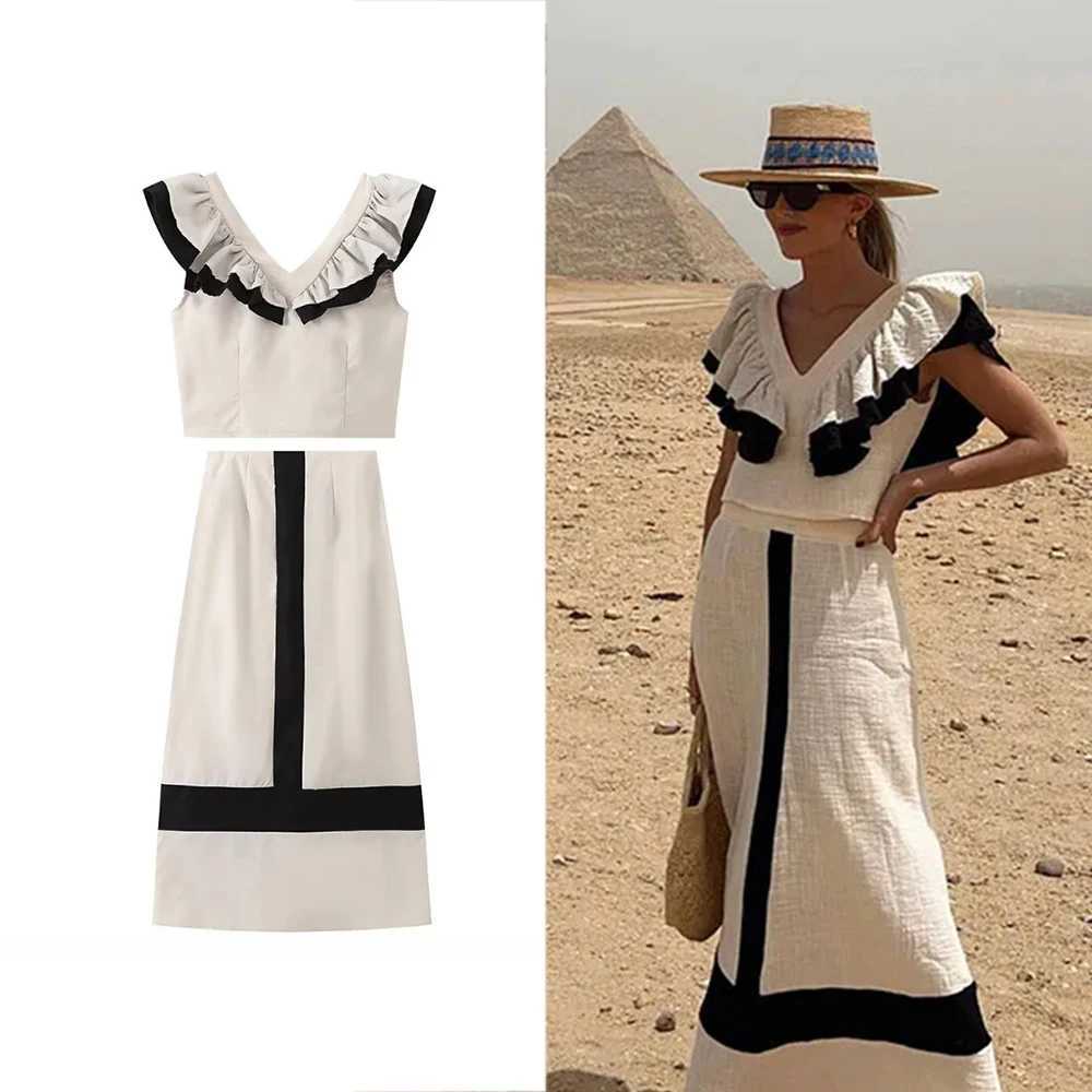 Two Piece Dress Traf Womens Fashion Elegant Comparison Ruffle Grass Set Summer V-neck Sexy Back High Waist Chinese Half body Skiing Set Y250315T4FY