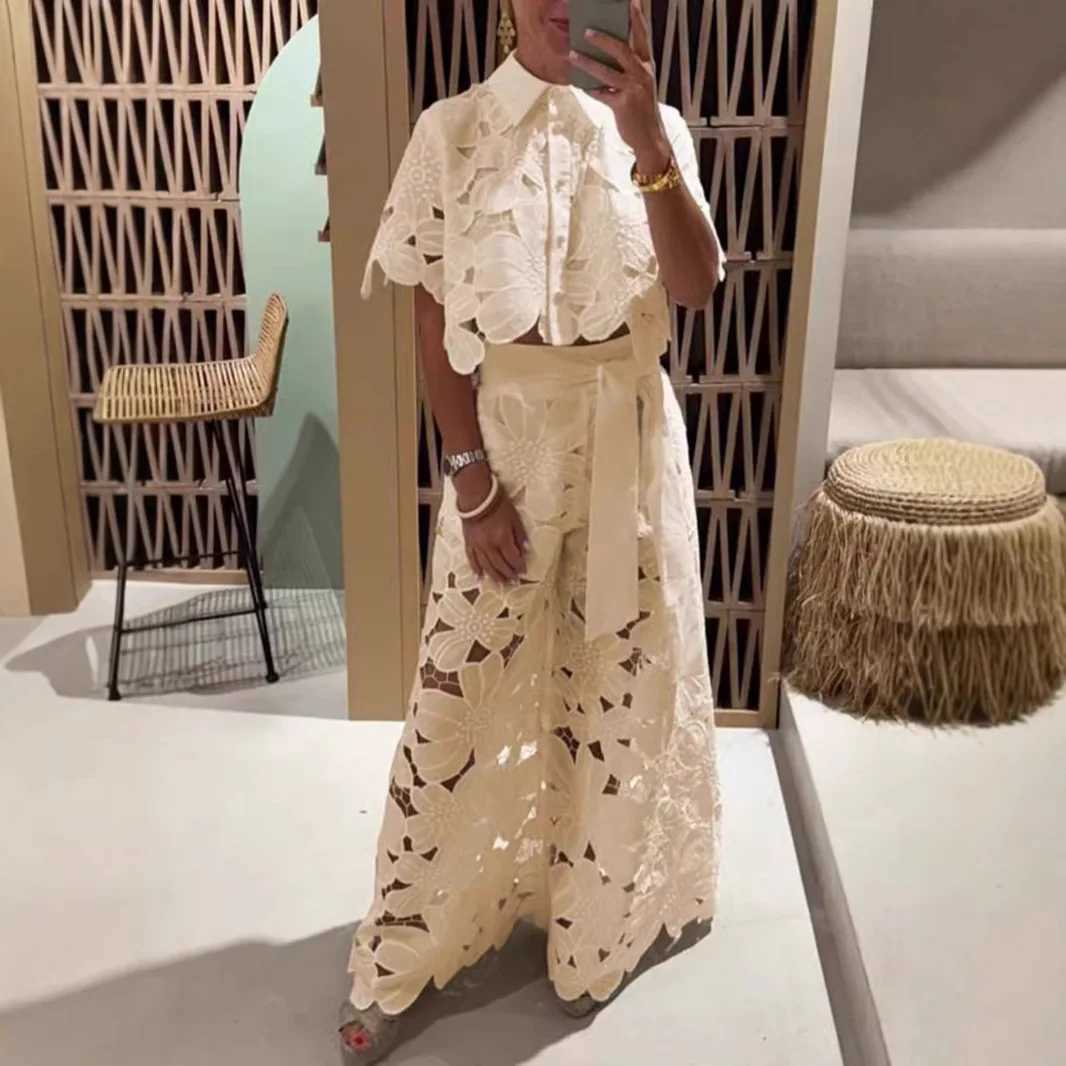 Women's Two Piece Pants Sexy lace hollow 2-piece fashionable new shirt top+wide leg pants womens set fashionable solid color elegant casual set w