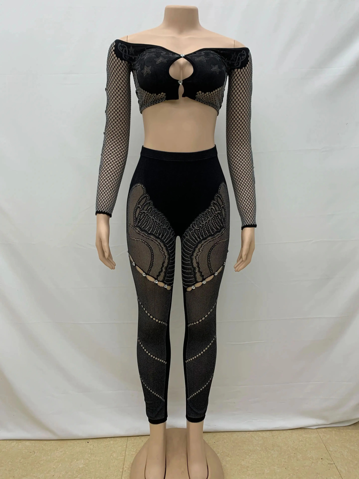Weird Puss Sexy Thick Women 2Piece Set Chic Hollow Rhinestones Slash Neck Crop TopsPatchwork Leggings Stretch Matching Clubwear 250314