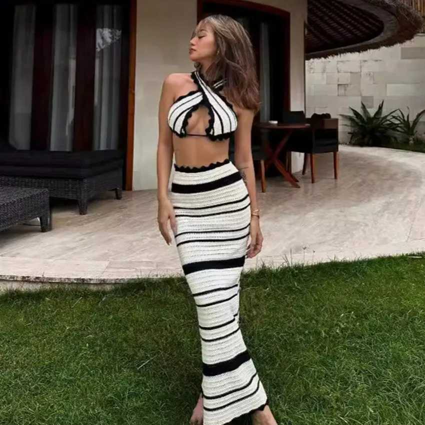Two Piece Dress Womens Summer Knitted Beach Skiing Set Womens Sexy Back Slimming Bohemian Dress Striped Holiday Two Piece Beach Dress Womens Y2503151Y