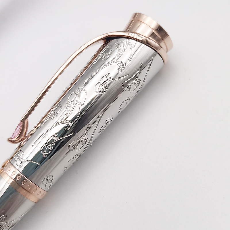 2026--wholesale Promotion Pen Grace Kelly Silver Carving Rollerball Ballpoint Pen With Teardrop Shape Diamond Stone Clip Writing Smooth Great Actress