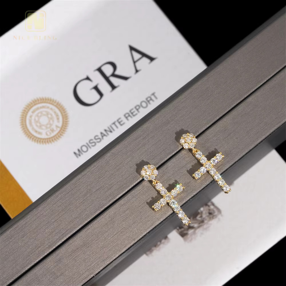 Original Design Men Women Hip Hop Ear Studs 925 Sterling Silver VVS Moissanite Diamond Iced Out Cross Stud Earring for Women