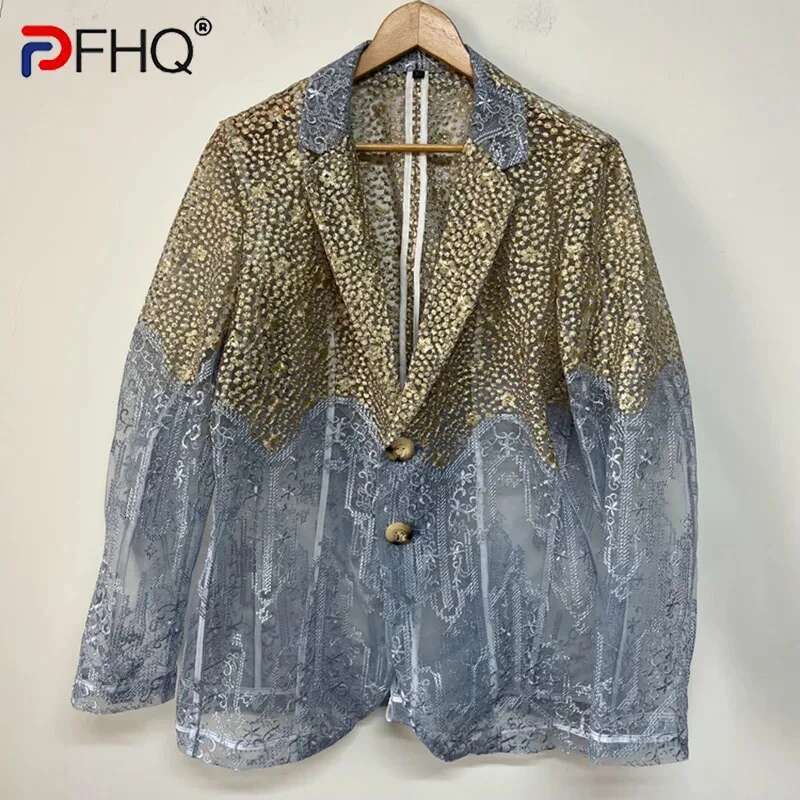hoodie Perspective Design Male Blazers Tide Summer Breathable Cool Handsome Organza Embroidered Men's Creativity Thin Coat jacket