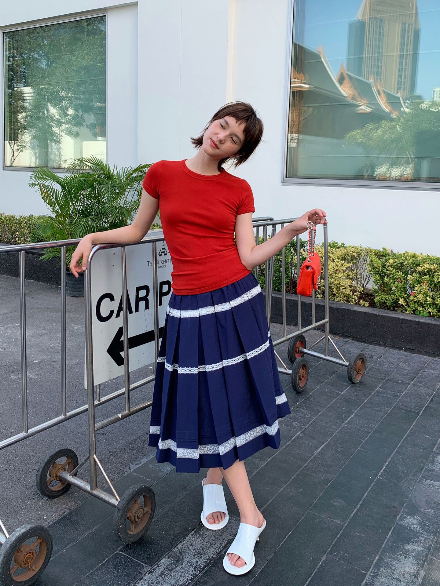 SY31556 Lace patchwork skirt miu petite 2025 summer high waist a-line pleated short skirt