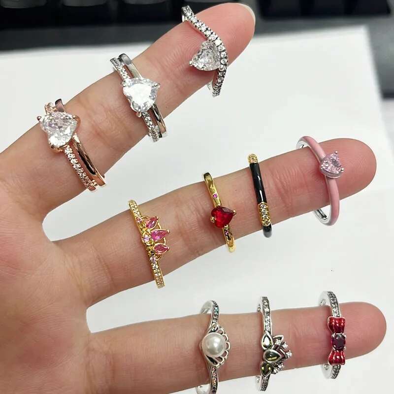2025 Valentine's Day New Silver Pink Red Bow Ring Sparking Hearts Ring Double Band Heart Ring Couple Gift Jewelry