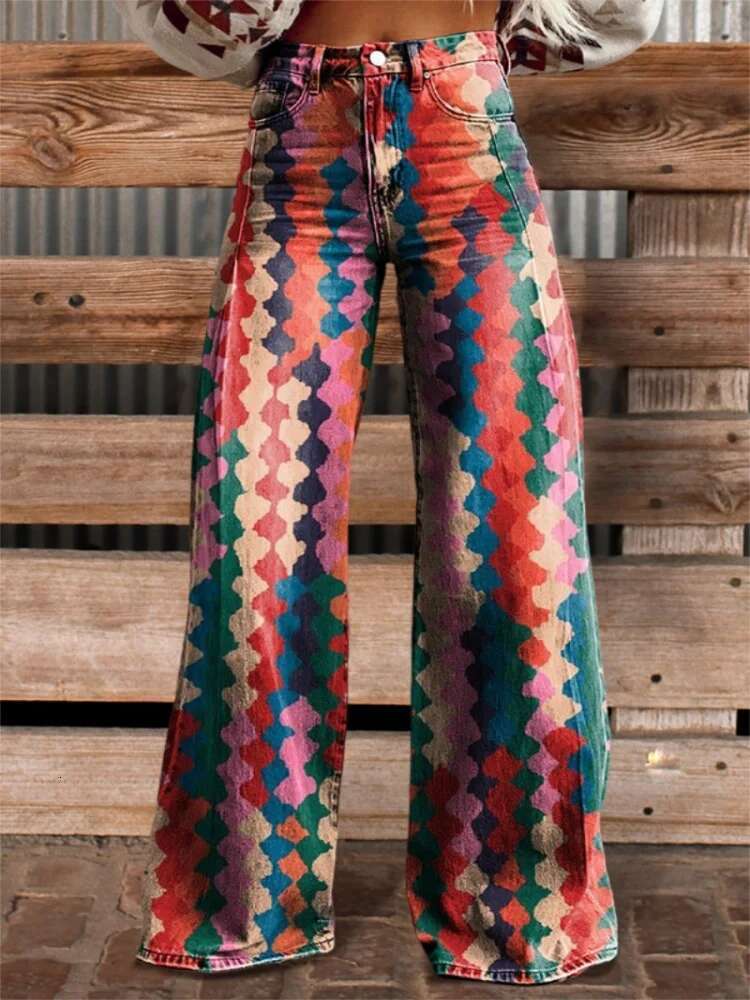 2025 new women's long length designer fashionable digital printed imitation denim thin fabric color blocked wide leg pants4