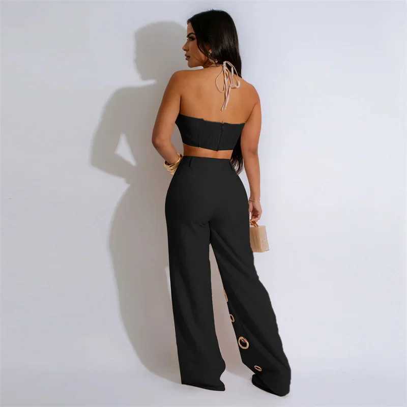Women's Two Piece Pants Sexy Night Party 2-piece Womens Club Costume Festival costume crop free top and pants elegant Conjuntos Femininos Y250315