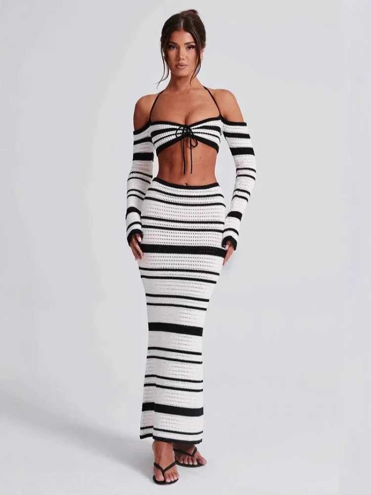 Two Piece Dress Summer New Fashion Womens 2 Piece Skirt Outfits Halter Neck Knit Striped Tops Long Skinny Skirt Casual Beach Vacation Set Y250315DDDY