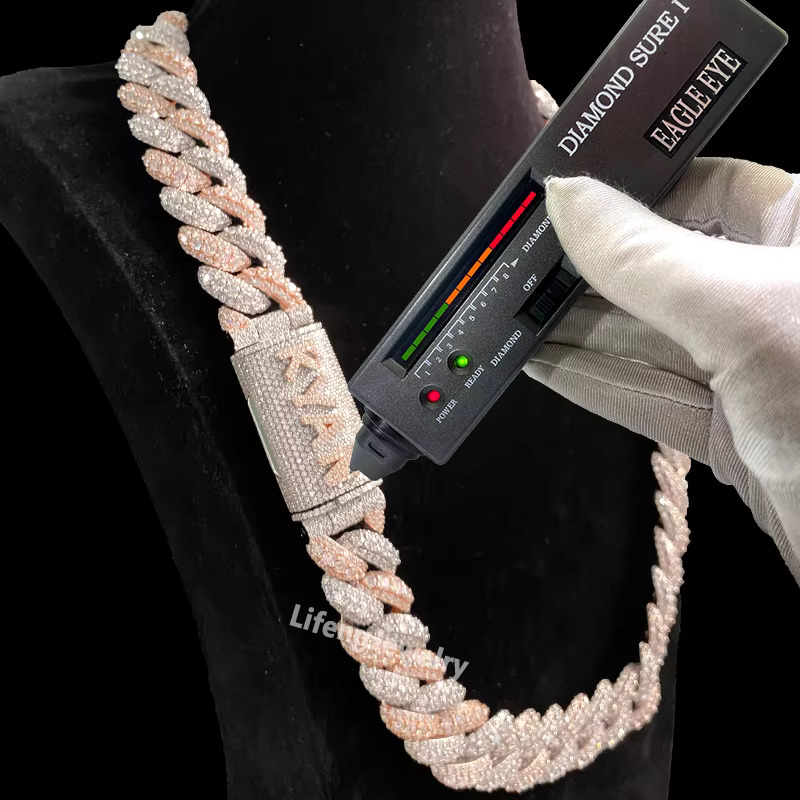 Lifeng Jewelry Miami Two Tone Color Moissanite Cuban Link Chain Ice Sterling Sier Hip Hop Necklace Custom Button