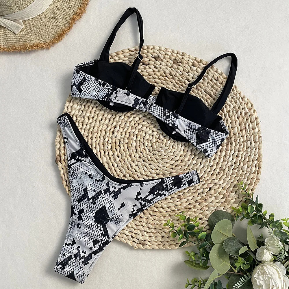 Bathing Suit Women Summer Sexy Snake Print Swimwear Female Beachwear on Vacation Bikini Set Micro 250311