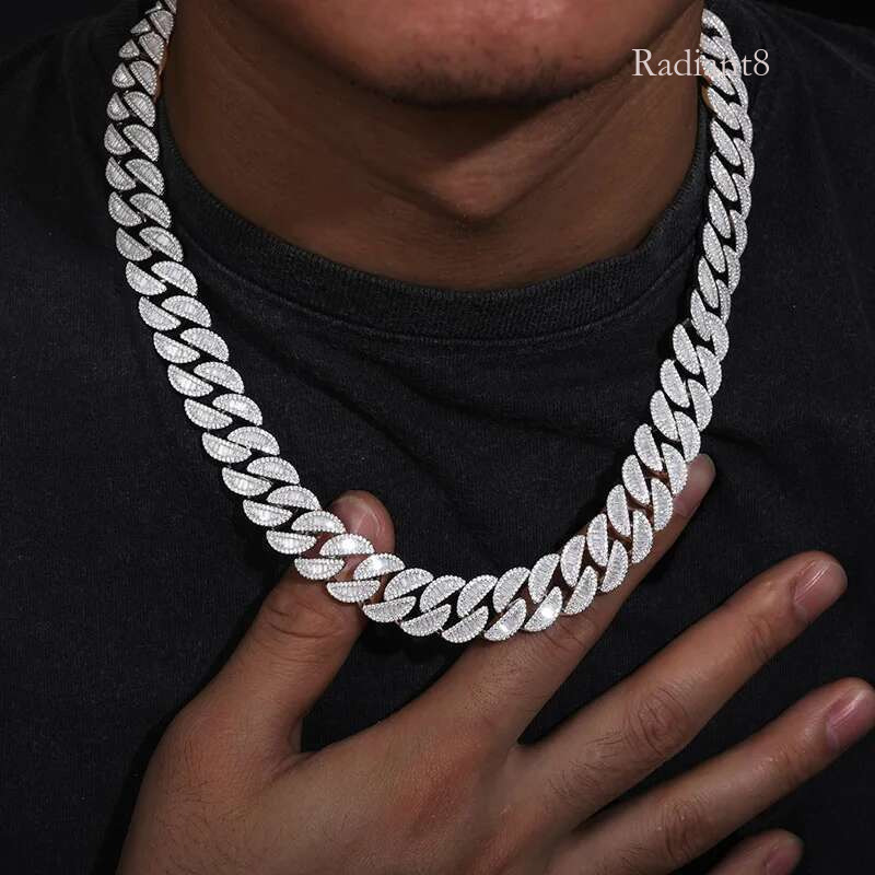 High Quality Unisex VVS1 Baguette Moissanite Cuban Chain Necklace Sier For Men Hip Hop Jewelry