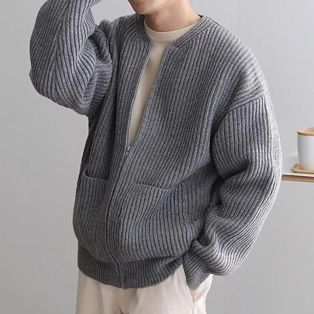 Men Zipper Pocket Cardigan Coat Sweater Mens Collarless Knitted with Placket Pockets for Autumn 250311