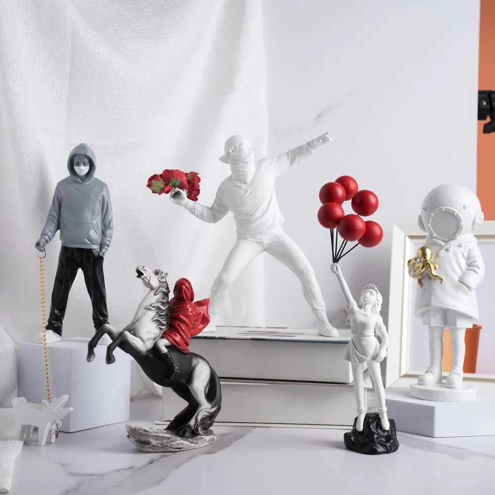 Vilead Banksy Sculpture Collection Flower Throwing Statue Pop Art Modern Balloon Girl Statue Office Home Decoration Street Y250315