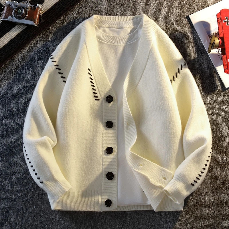 Vneck Knit Sweater Coat Men Loose Retro Slouchy Jackets Thick Autumn Winter Hipster Couple Cardigan Long Sleeve 250311