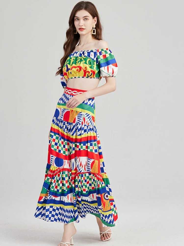Two Piece Dress JAMERARY Summer Holiday Print Letters Two Piece Suits Womens Sexy Slash Neck Shoulder Off Crop Top + Plaid Long Maxi Skirts Set Y25031