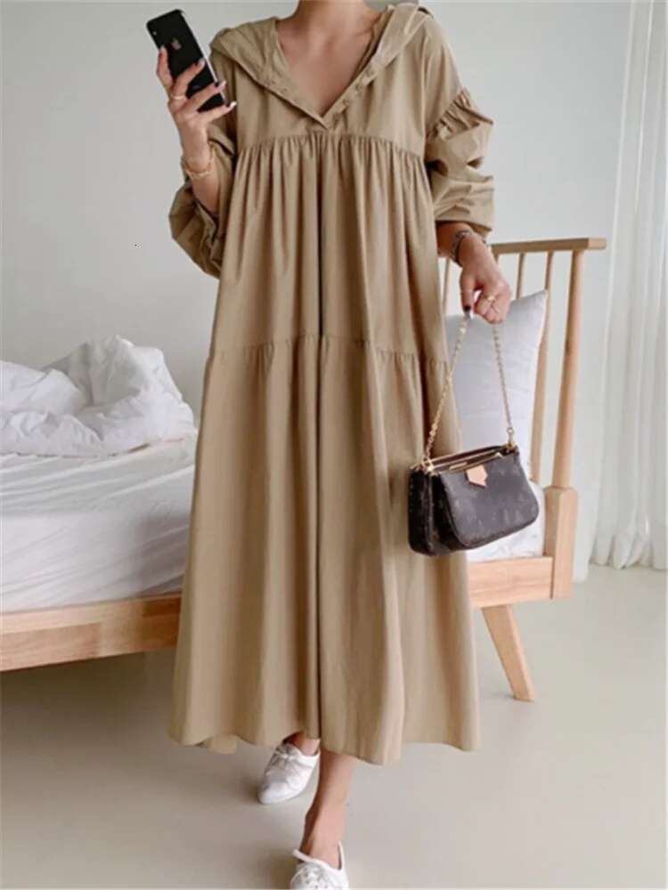 2025 new hooded oversized women's shirt dress designer fashion bubble sleeves solid color casual loose straight tube long skirt women's spri