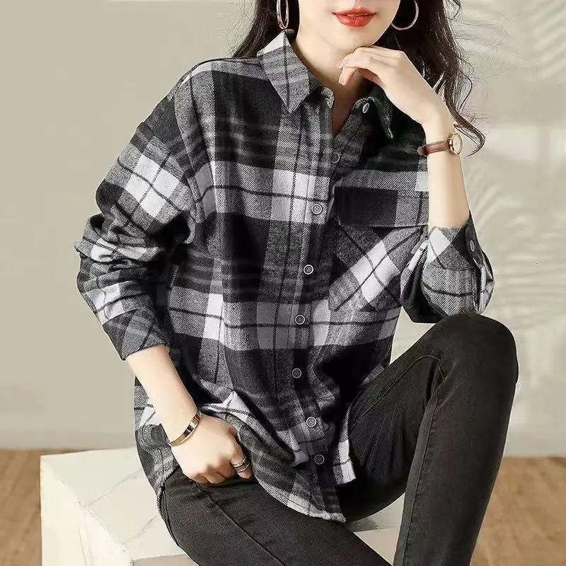 Autumn/Winter Coat Polo Neck Long Sleeve Plain Shirt Loose Casual Office Style Casual Womens Plain Coat 250314
