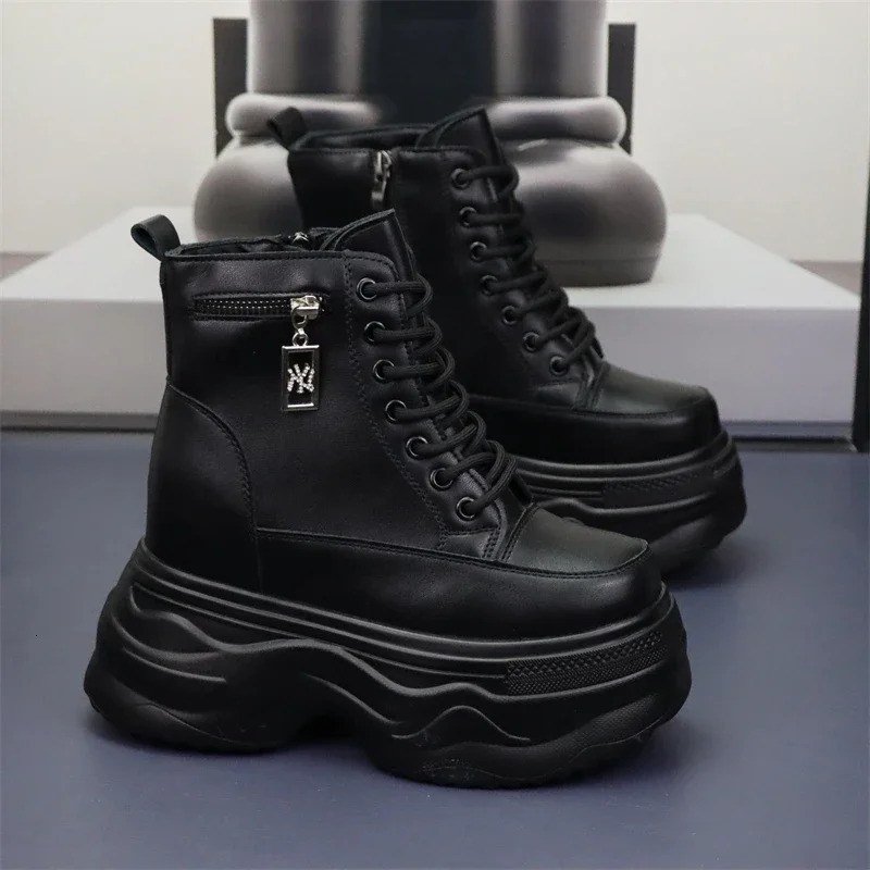 10cm 12cm Ankle Boots Platform Women Microfiber Leather Short Boots Round Toe Height Increasing Thick Sole Ladies Shoes Handmade 250310