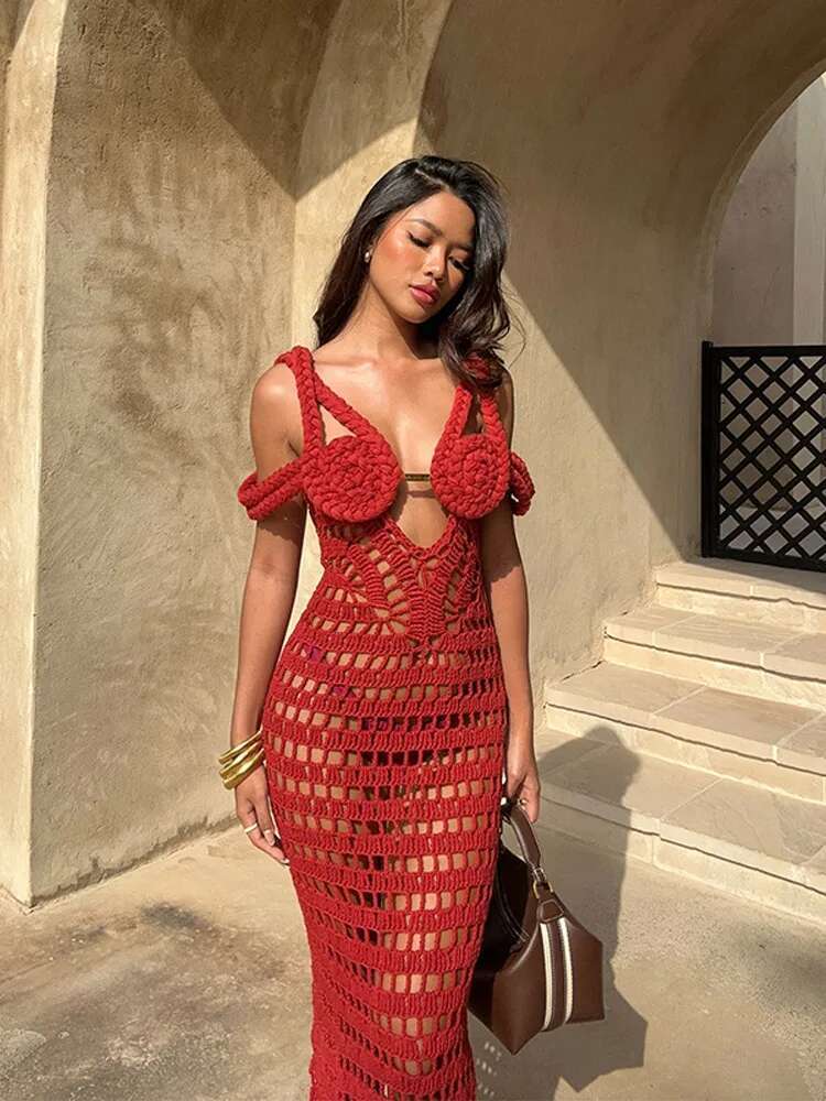 Crochet Weave Halter Dress Hollow Out Sexy Suspender Knit Hook Wer Vacation Bikini Cover Up Long Beach Dresses Backless Robes