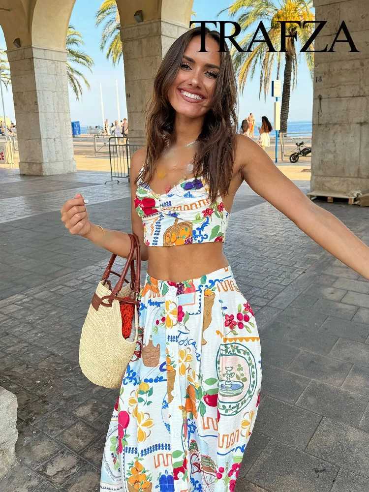 Two Piece Dress TRAFZA Womens 2-piece Sexy Slvel Back Printed Button Mini Pendant Top+Elegant High Waist Button Beach Midi Skiing Y250315ZSK5