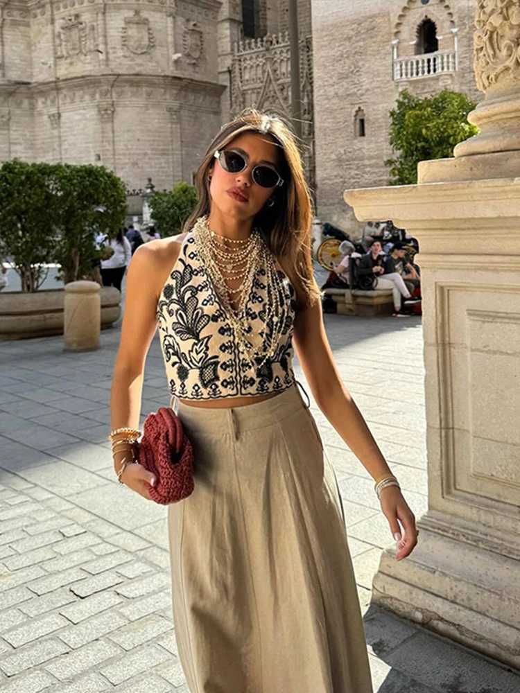 Two Piece Dress Print Crop Top Mini Ski Set Womens Beach Slvel V-neck Back Tank Top High Waist Ski Womens Set 2025 Summer Womens Set Y250315TW4J