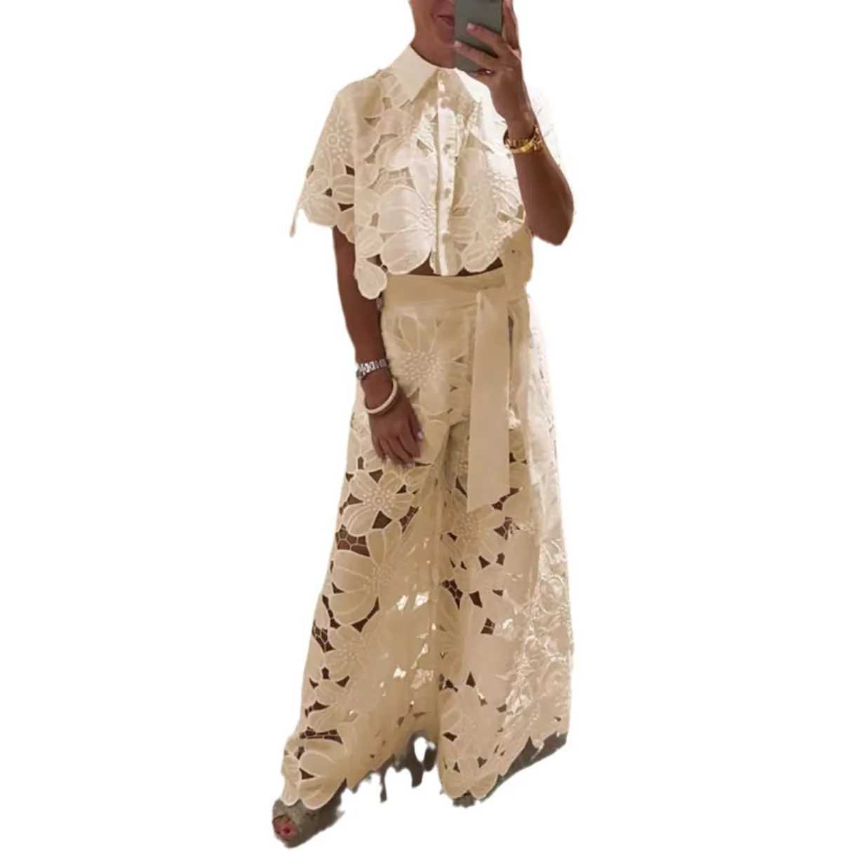 Women's Two Piece Pants Womens 2PCS lace dress embroidered retro hollow temperature set 2025 elegant button short sleeved shirt top and tie pants